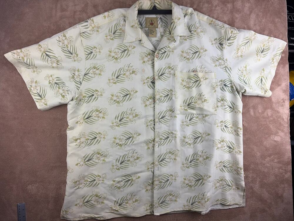 Joe Marlin Hawaiian Shirt Mens 2XL Cream Green Tropical Fern Leaf Button Up
